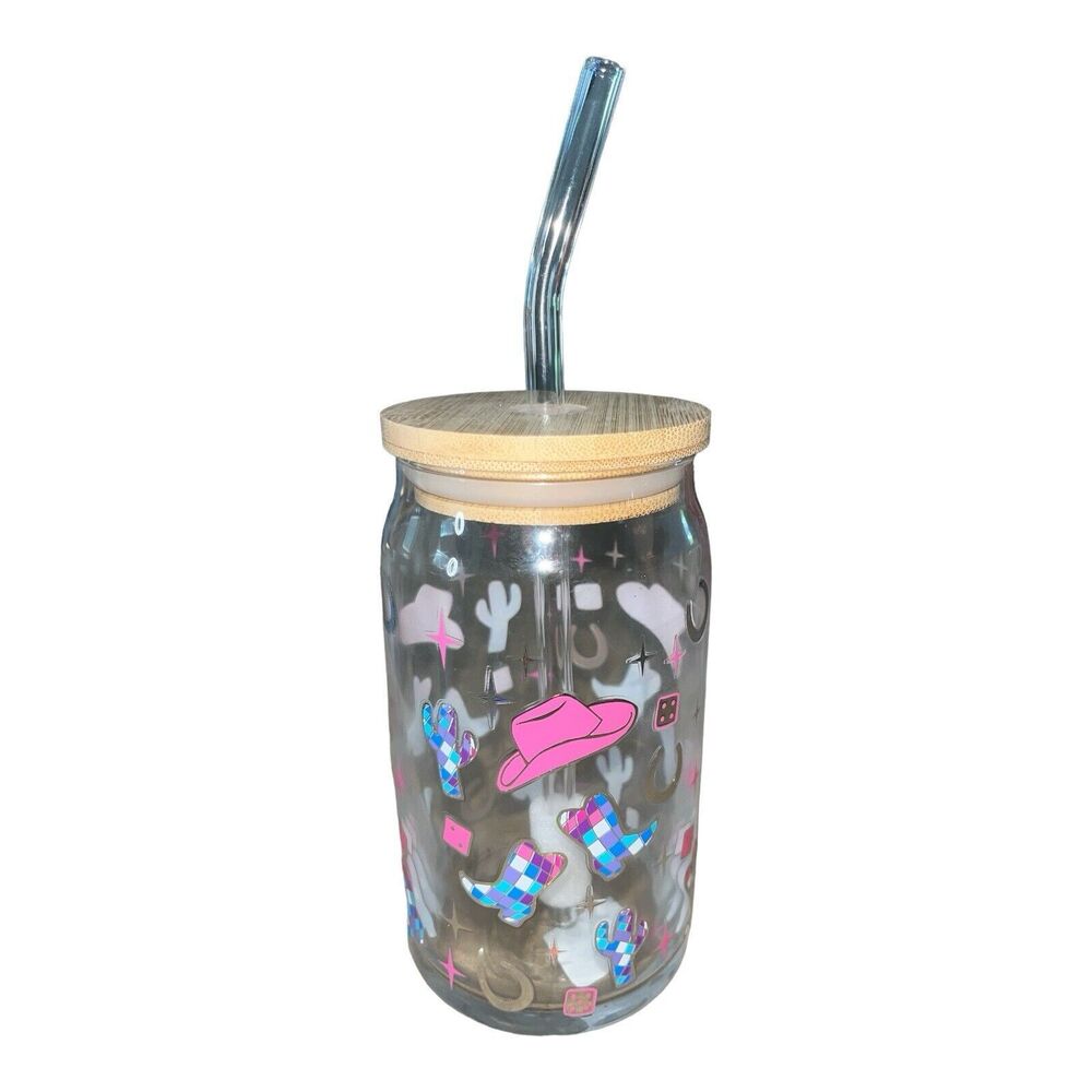 Cowgirl Disco Ball Beer Soda Glass with Lid & Straw Graphic Boots All Over Print
